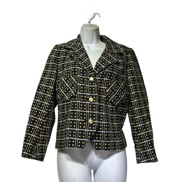 Vintage Union Made Black Yellow Polka Dot Plaid Blazer Jacket Gold Buttons Lined - Picture 1 of 12